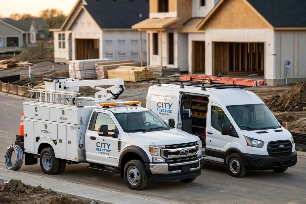 Ford service truck set up for an electrical contractor with racking and toolboxes