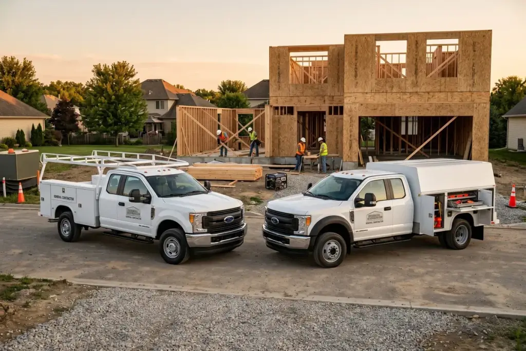 Ford work truck on a construction job site with mixed trade equipment