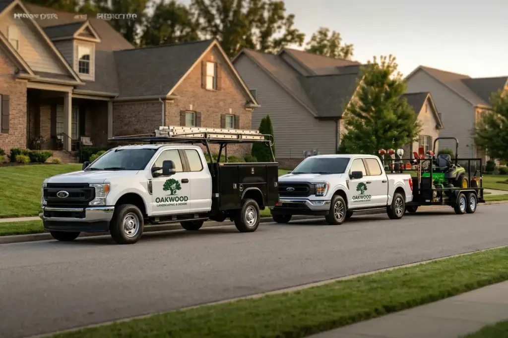 Ford Super Duty landscaping truck with dump bed and trailer