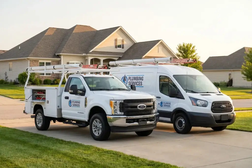 Ford F-150 plumbing service truck with tool storage and pipe racks