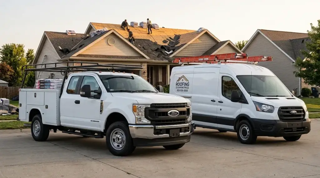 Ford chassis cab roofing truck with material racks