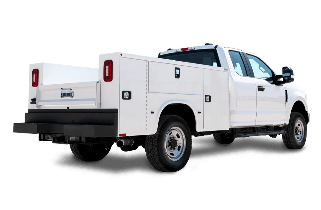 Ford Super Duty chassis with a Knapheide open service body, rear three-quarter view